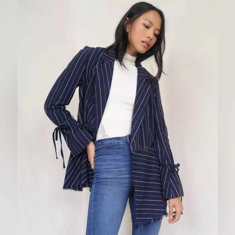 Free People Stella Navy Blue Striped Linen Blazer Jacket Size Medium